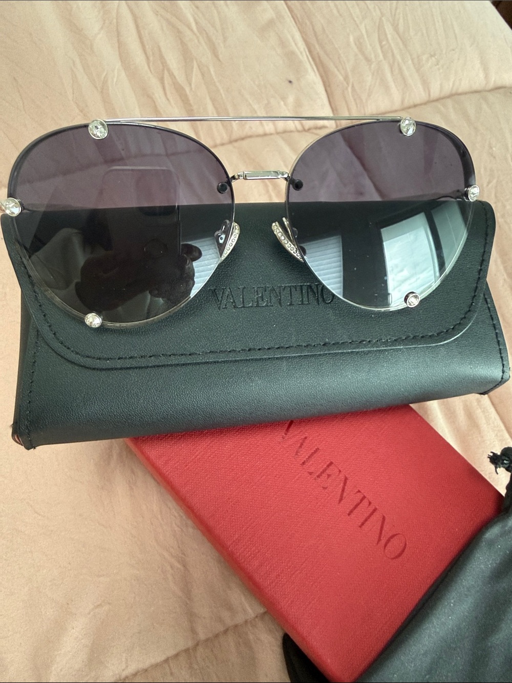 Valentino Silver StudFrame Round Sunglasses with Black-to-Purple Gradient Lenses